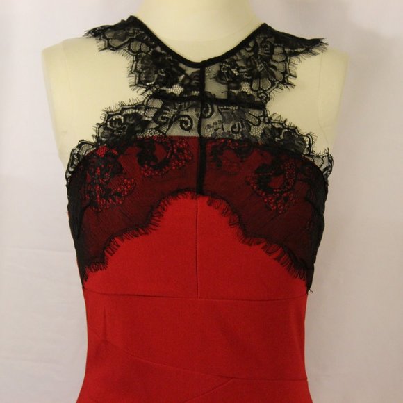 Retro Pinup Style Body Con Sexy Red Dress with Halter and Lace Detailing - Picture 3 of 7